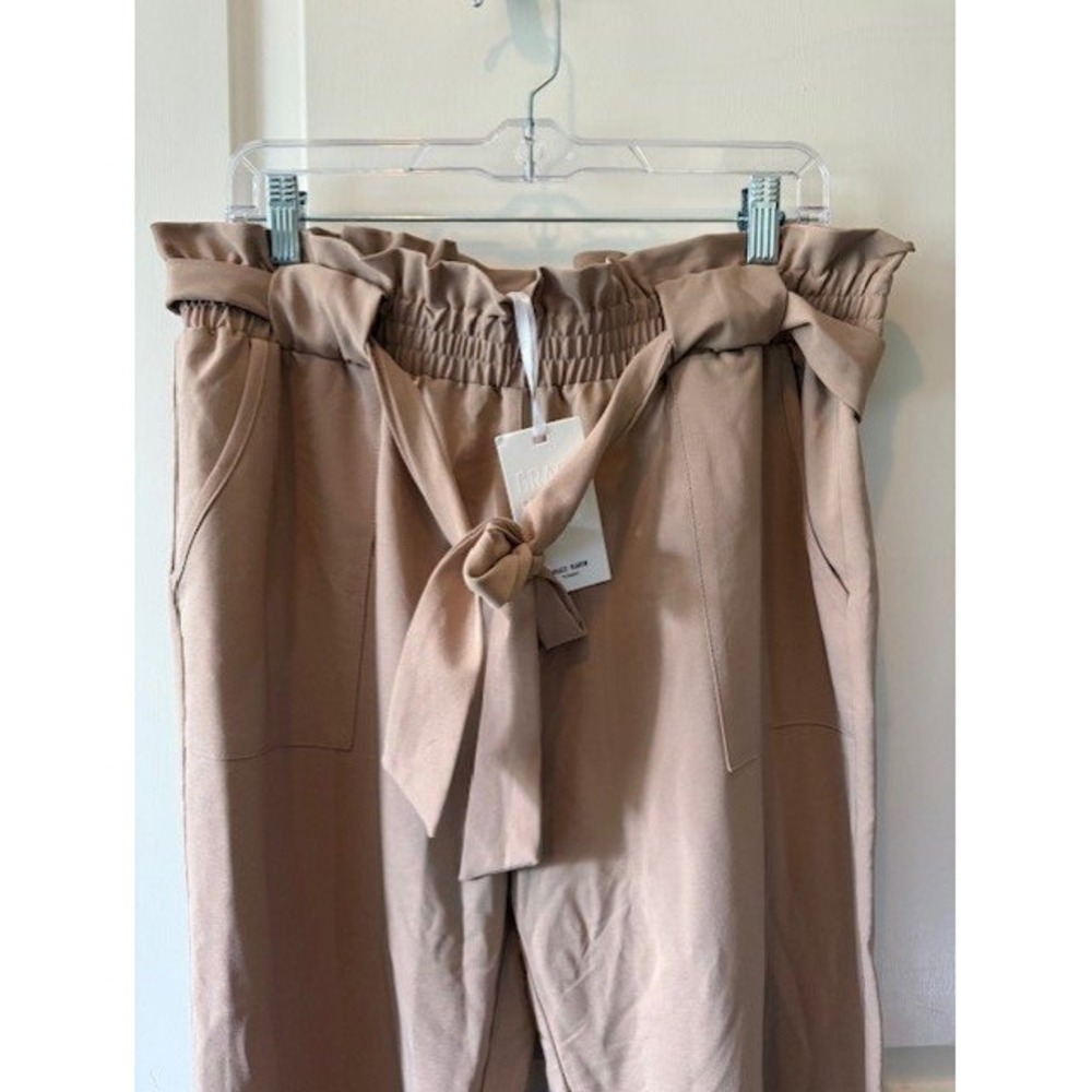 Grace Karin Khaki Paperbag Waist Tapered Pants with Tie Belt Tan Business Casual - Picture 4 of 5